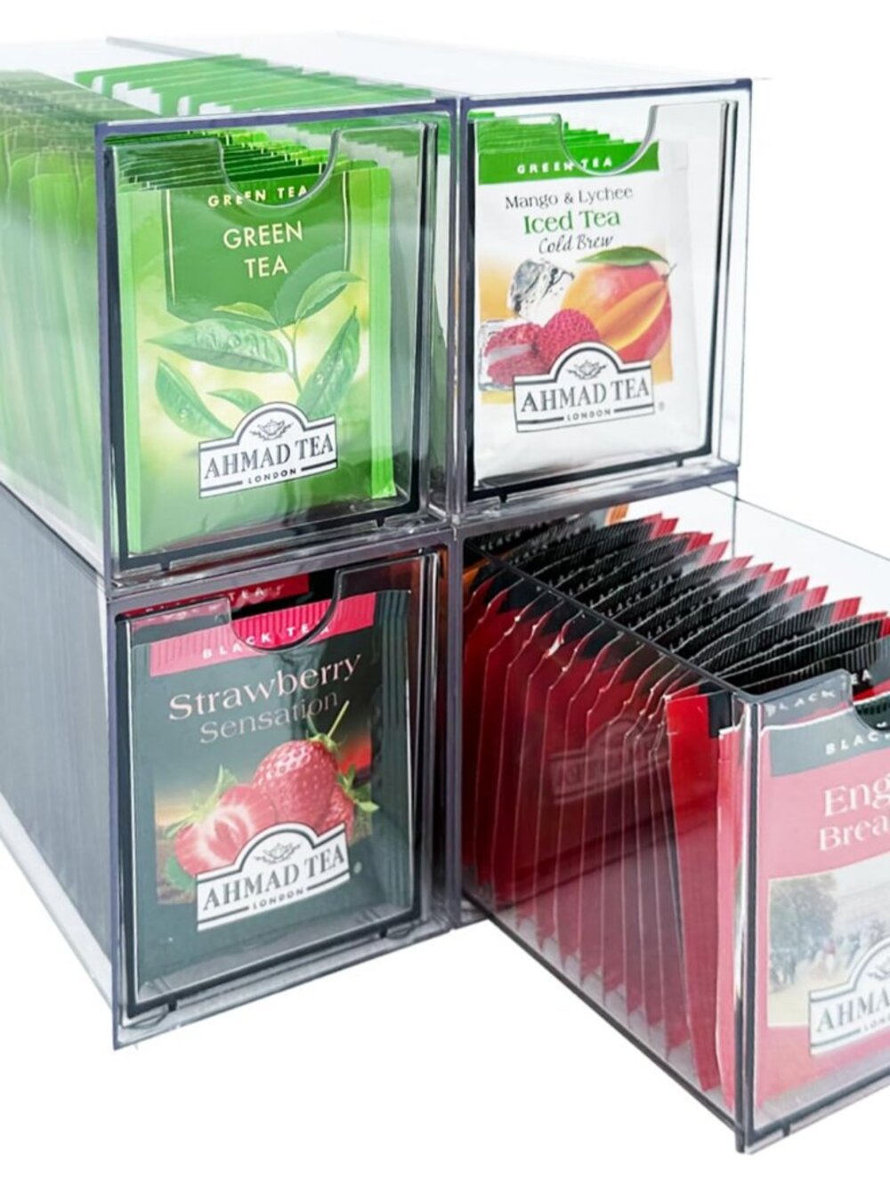 4-Pack Tea Bag Drawers Organizer - 4 Clear Plastic Drawer Tea Bag Holder; Stacka